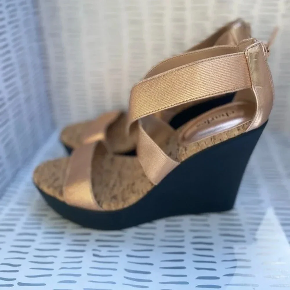 Charles by Charles David Rose Gold‎ Strappy Cork Back Zip Wedges size 8